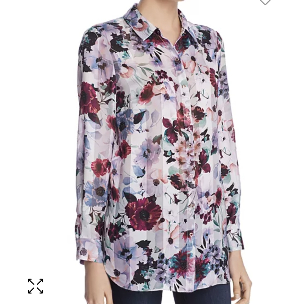 T Tahari Floral Stripe Snap Front Blouse Satin M